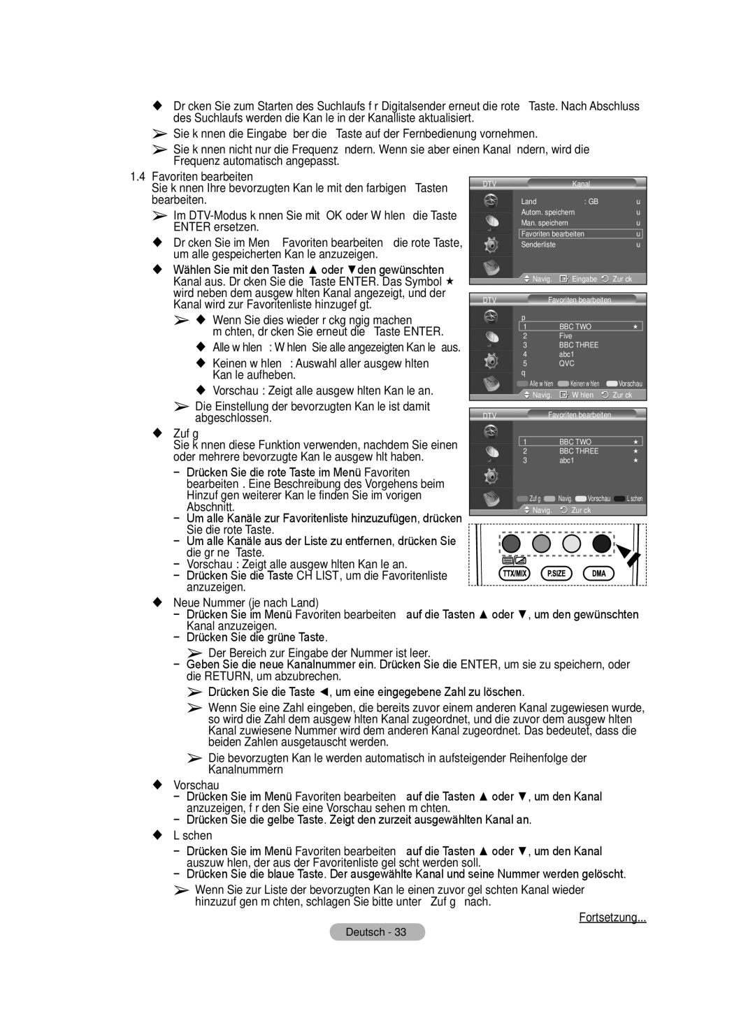 Samsung BN68-01416A-00 Frequenz automatisch angepasst Favoriten bearbeiten, Bearbeiten, Enter ersetzen, Kanäle aufheben 