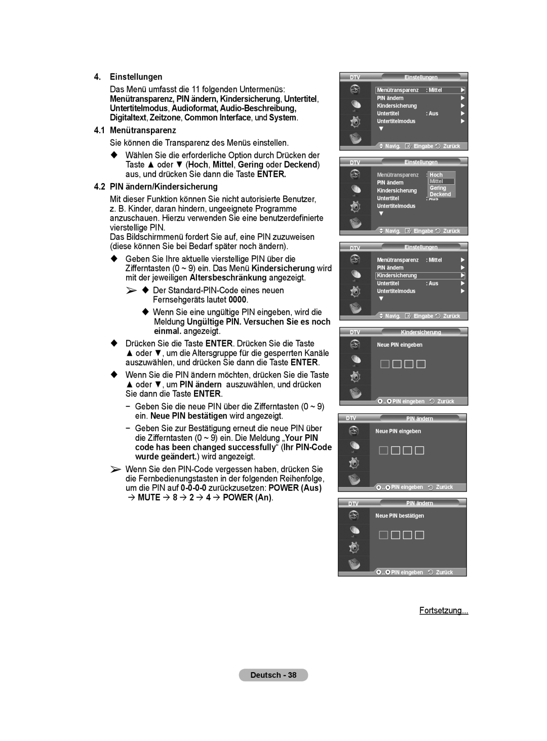 Samsung BN68-01416A-00 user manual PIN ändern/Kindersicherung,  Mute  8  2  4  Power An 