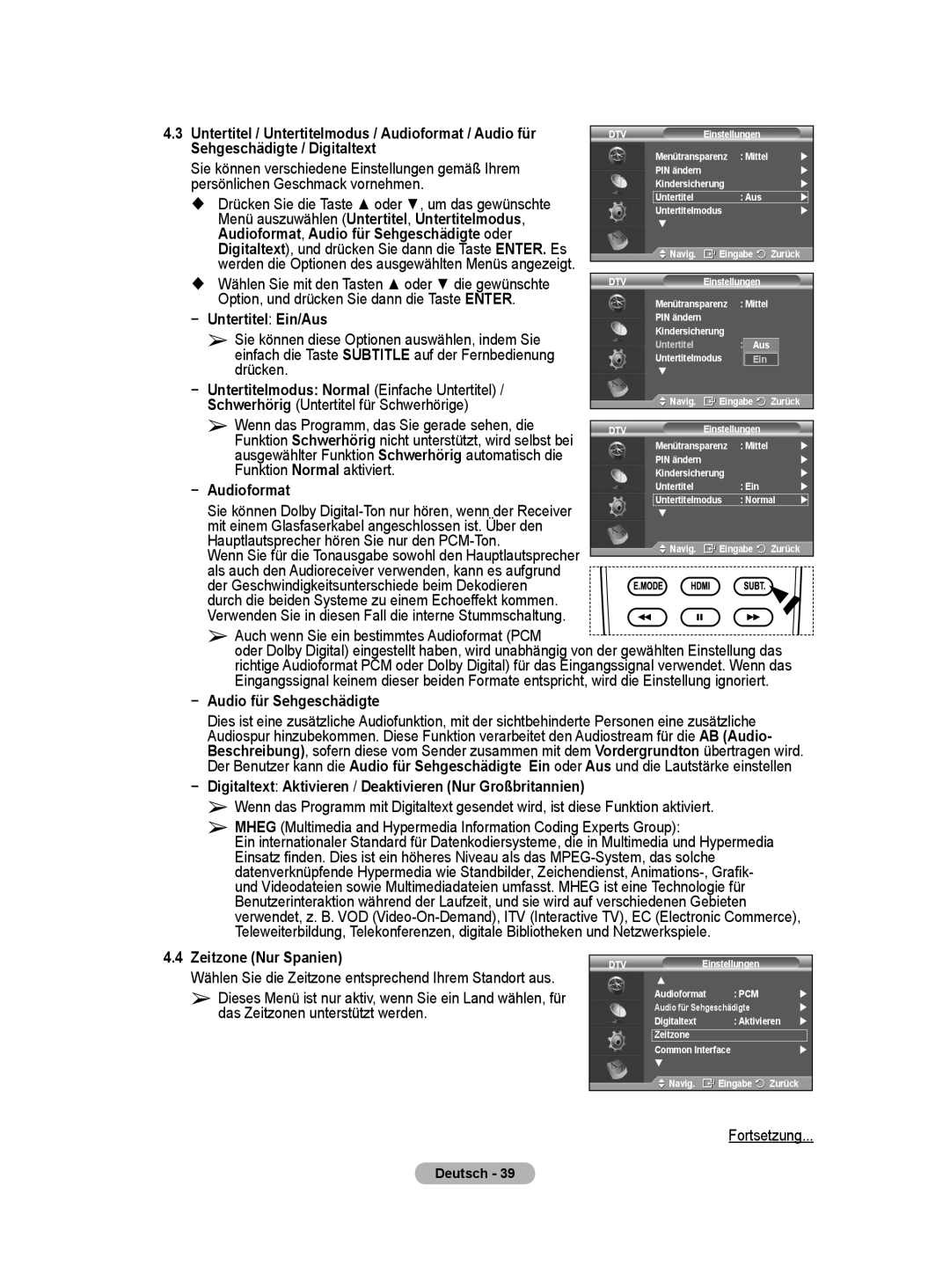 Samsung BN68-01416A-00 Sehgeschädigte / Digitaltext, Sie können verschiedene Einstellungen gemäß Ihrem, Untertitel Ein/Aus 