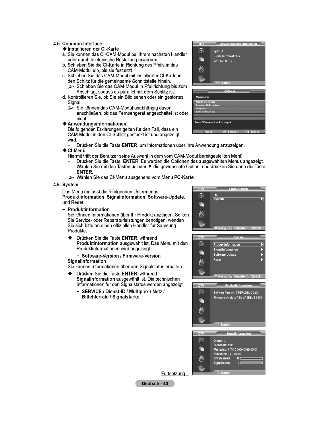 Samsung BN68-01416A-00 user manual Installieren der CI-Karte, Anwendungsinformationen, CI-Menü, Produktinformation 