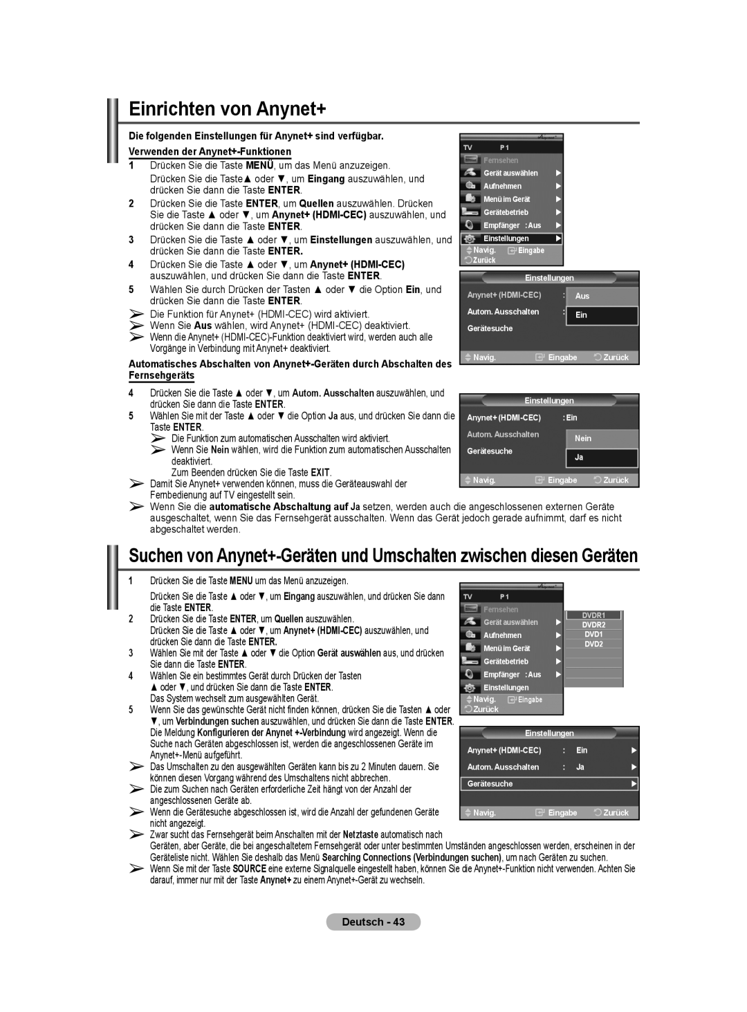 Samsung BN68-01416A-00 user manual Einrichten von Anynet+, Drücken Sie die Taste Menu um das Menü anzuzeigen 