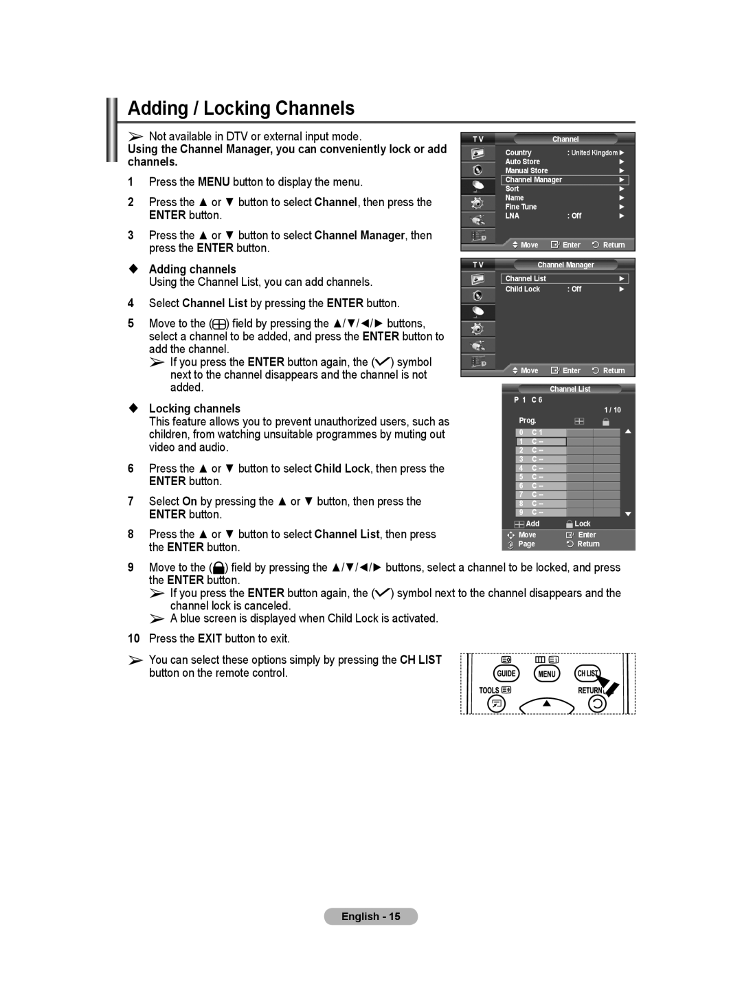 Samsung BN68-01416A-00 user manual Adding / Locking Channels,  Adding channels, Added,  Locking channels 