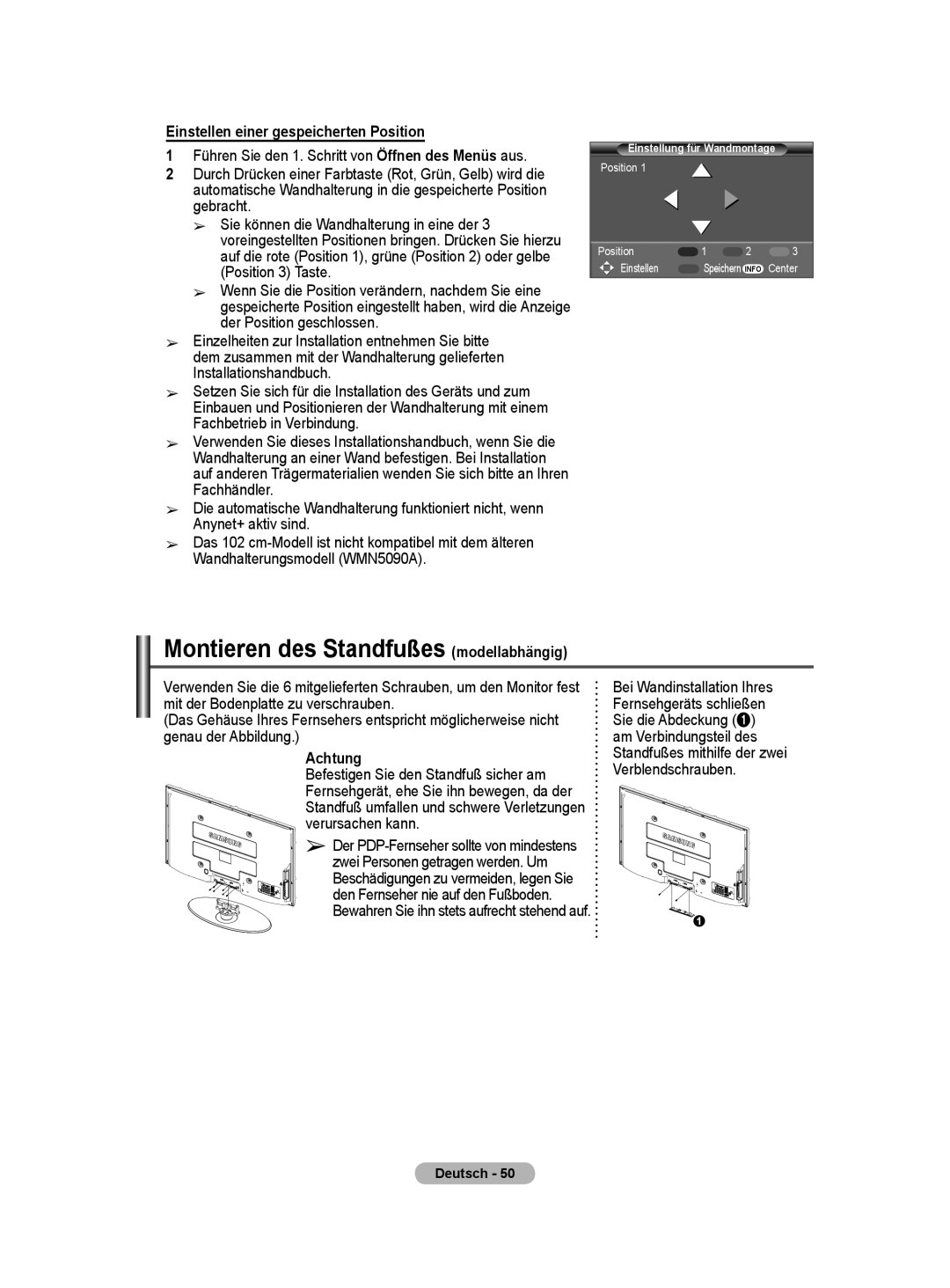 Samsung BN68-01416A-00 Montieren des Standfußes modellabhängig, Einstellen einer gespeicherten Position, Achtung 