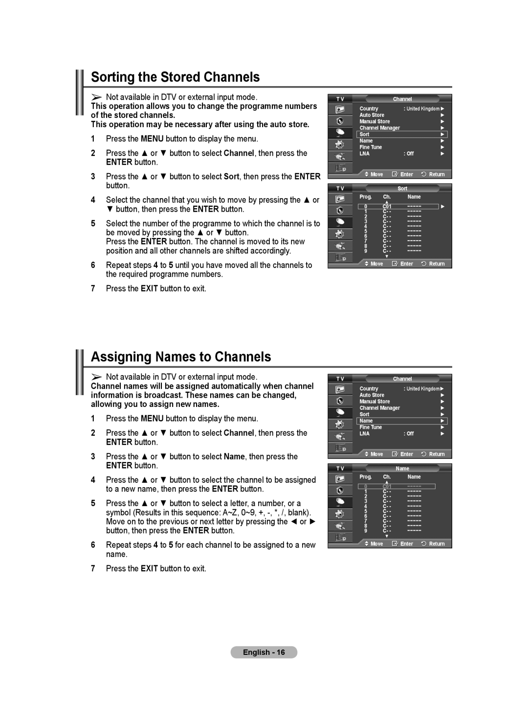 Samsung BN68-01416A-00 user manual Sorting the Stored Channels, Assigning Names to Channels 