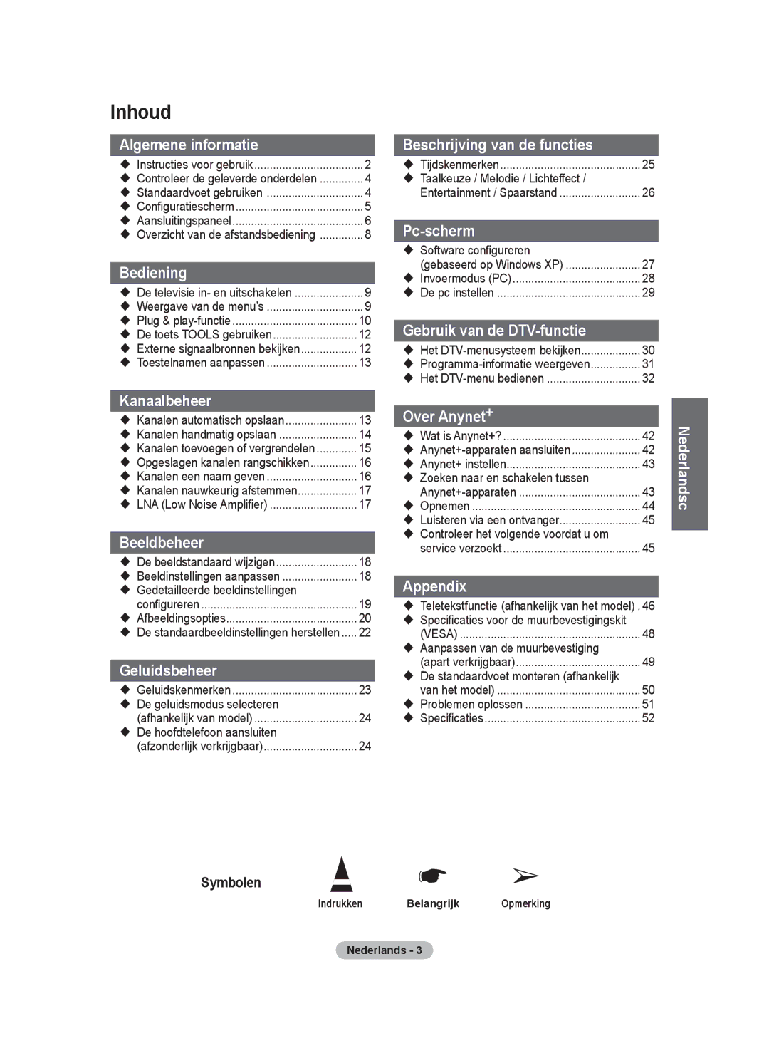 Samsung BN68-01416A-00 user manual Inhoud,  Gedetailleerde beeldinstellingen,  De geluidsmodus selecteren 