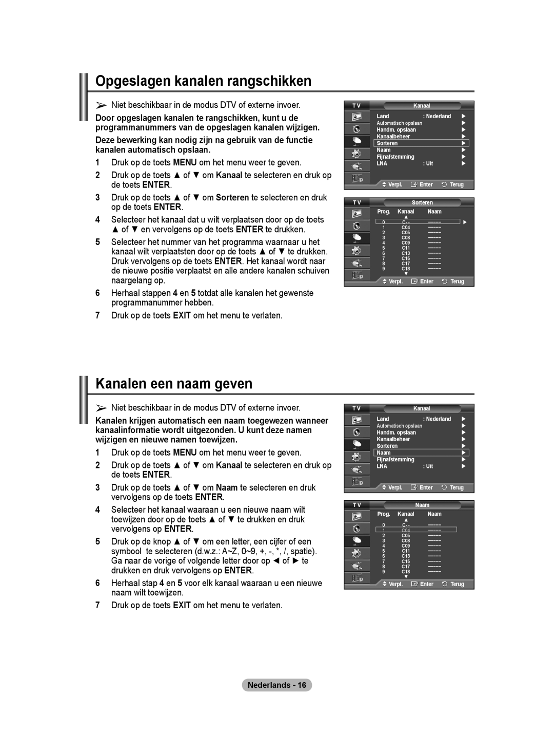 Samsung BN68-01416A-00 Opgeslagen kanalen rangschikken, Kanalen een naam geven, En vervolgens op de toets Enter te drukken 