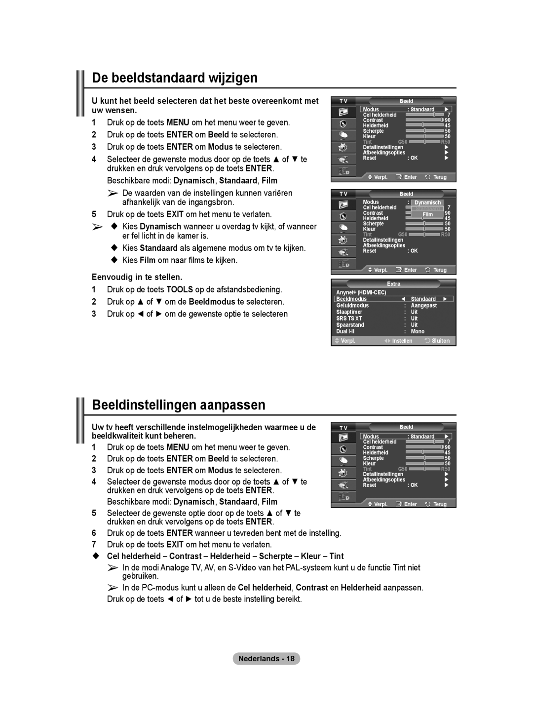 Samsung BN68-01416A-00 user manual De beeldstandaard wijzigen, Beeldinstellingen aanpassen 