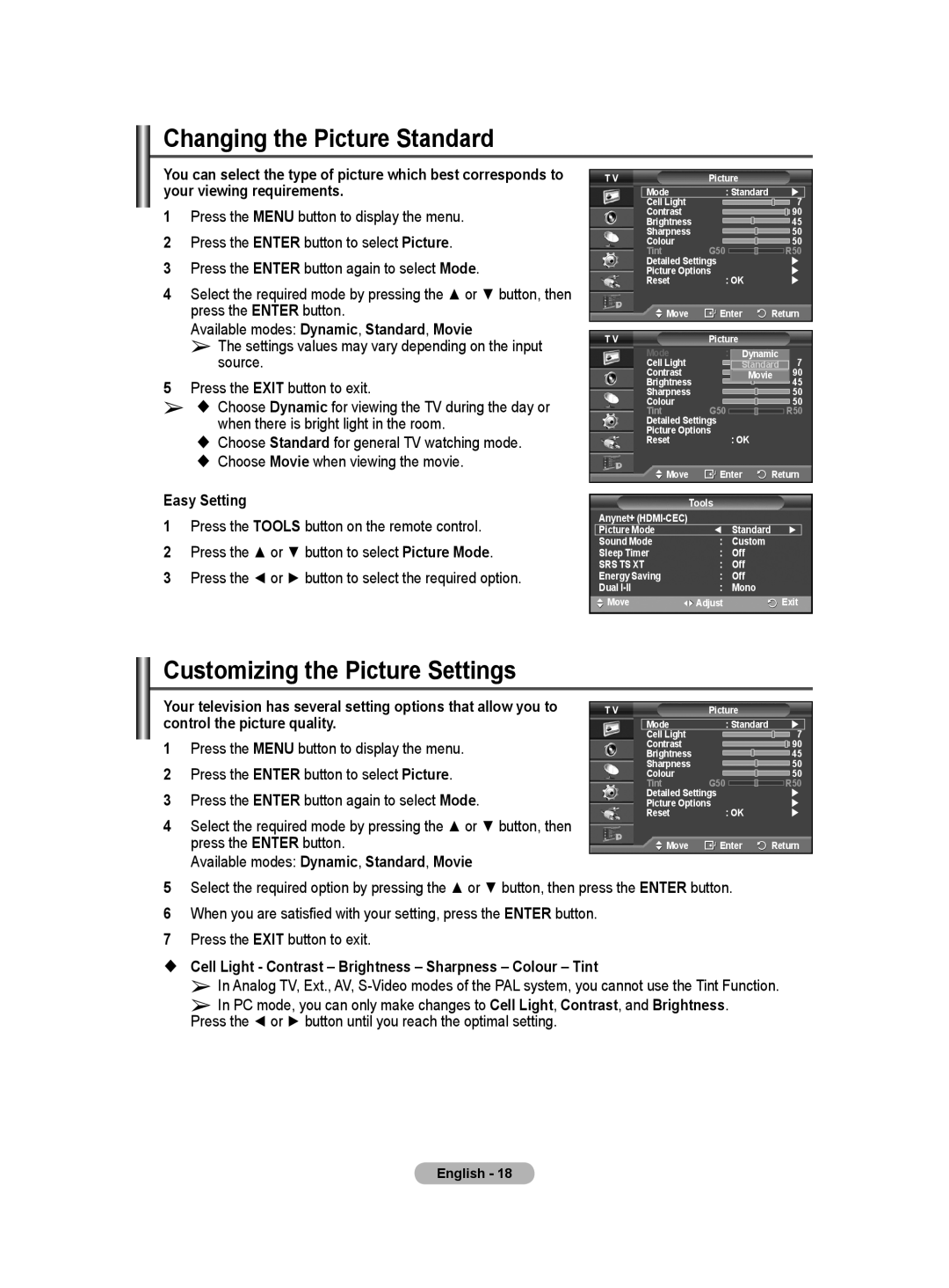 Samsung BN68-01416A-00 user manual Changing the Picture Standard, Customizing the Picture Settings, Easy Setting 