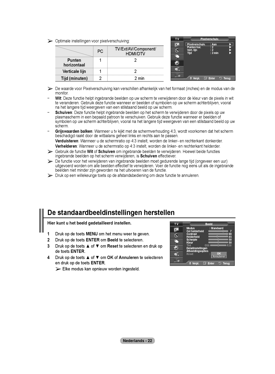 Samsung BN68-01416A-00 user manual De standaardbeeldinstellingen herstellen, Hier kunt u het beeld gedetailleerd instellen 