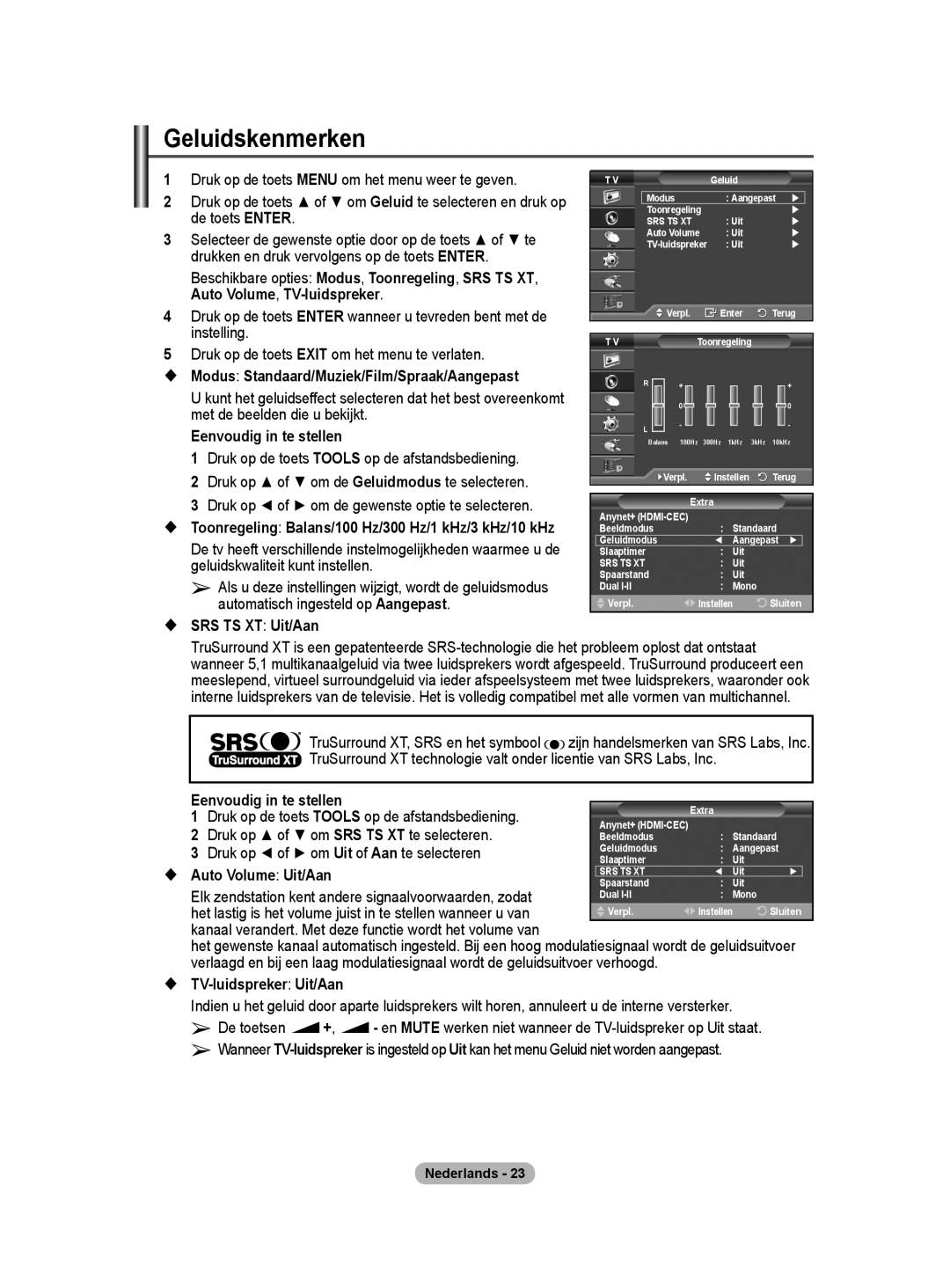 Samsung BN68-01416A-00 Geluidskenmerken, Druk op of om SRS TS XT te selecteren, Druk op of om Uit of Aan te selecteren 