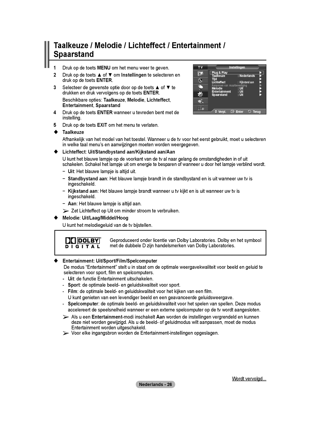 Samsung BN68-01416A-00  Taalkeuze,  Lichteffect Uit/Standbystand aan/Kijkstand aan/Aan,  Melodie Uit/Laag/Middel/Hoog 