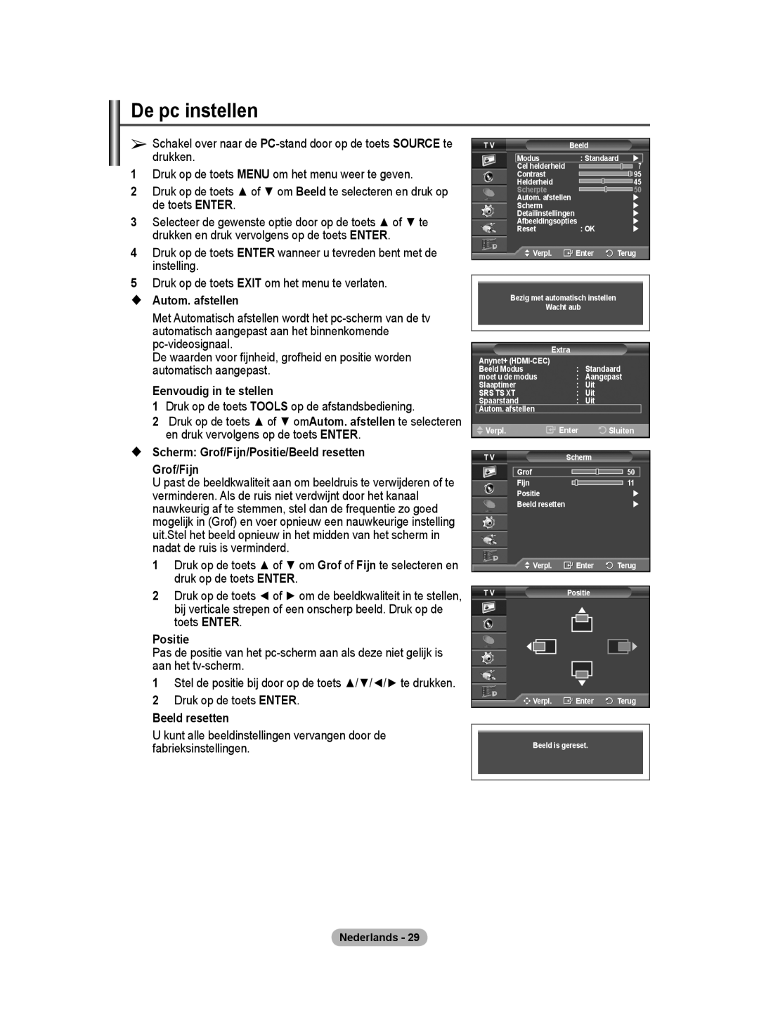 Samsung BN68-01416A-00 user manual De pc instellen,  Autom. afstellen,  Scherm Grof/Fijn/Positie/Beeld resetten 