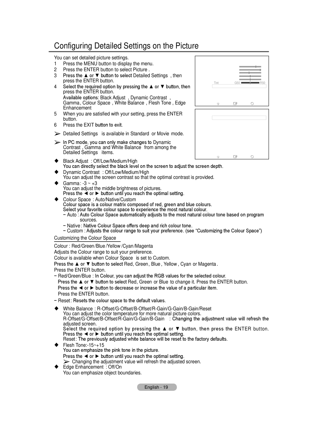 Samsung BN68-01416A-00 user manual Configuring Detailed Settings on the Picture 