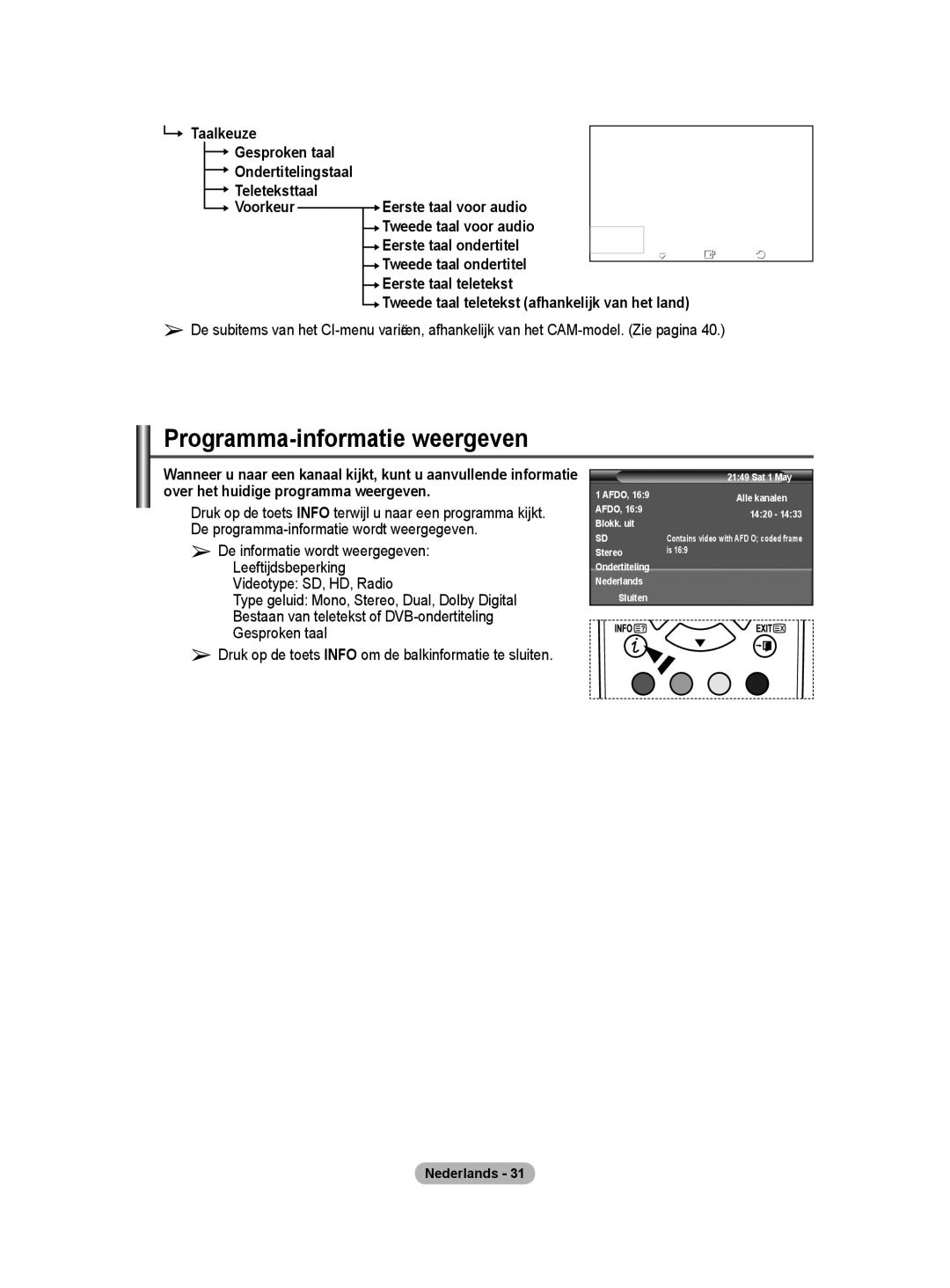 Samsung BN68-01416A-00 user manual Programma-informatie weergeven, Eerste taal voor audio 