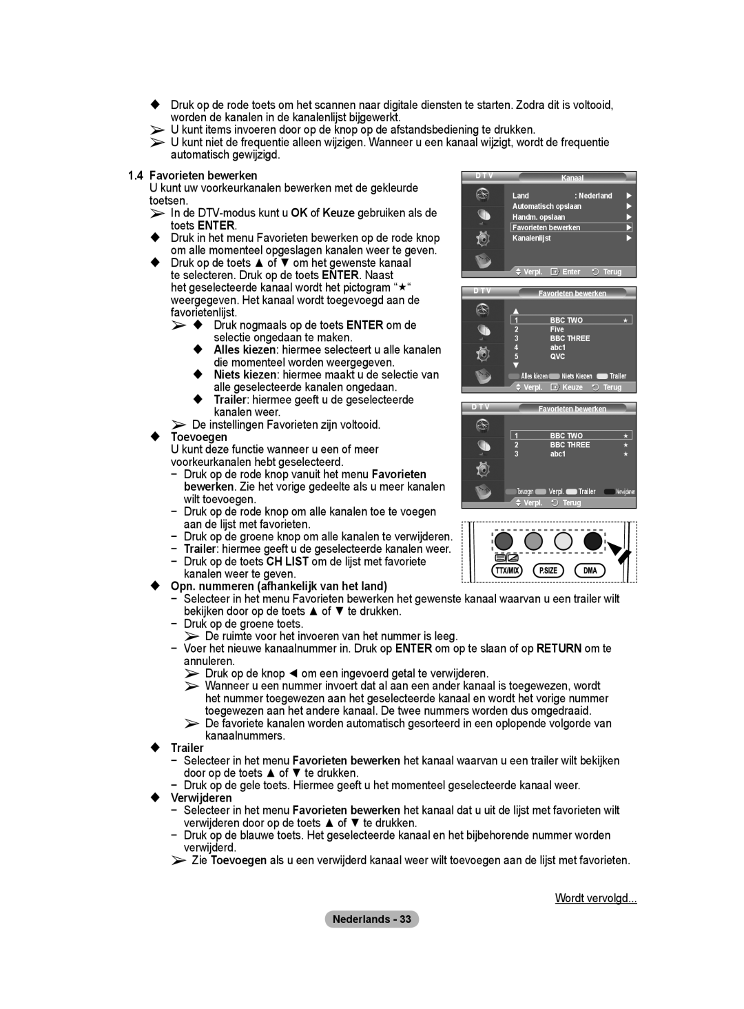 Samsung BN68-01416A-00 user manual Favorieten bewerken, Kunt uw voorkeurkanalen bewerken met de gekleurde, Toetsen 