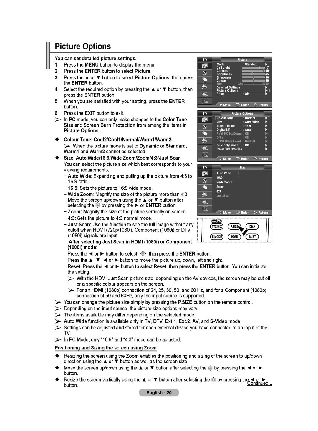 Samsung BN68-01416A-00 user manual Picture Options 