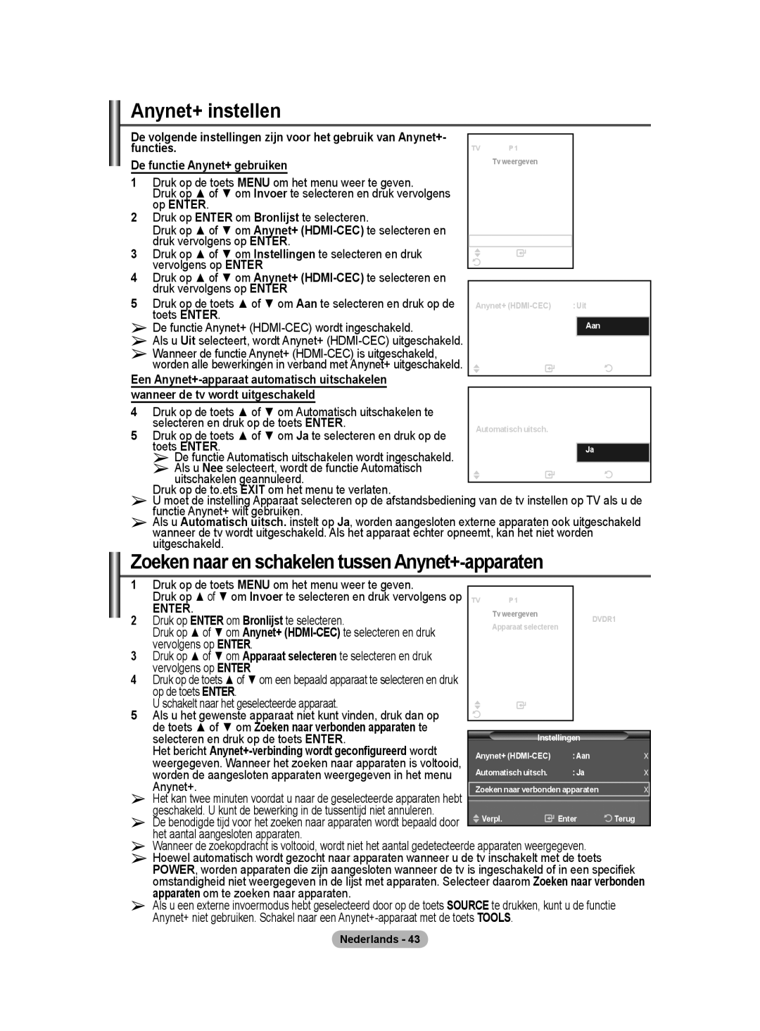 Samsung BN68-01416A-00 user manual Anynet+ instellen, Zoeken naar en schakelen tussen Anynet+-apparaten, Op Enter 