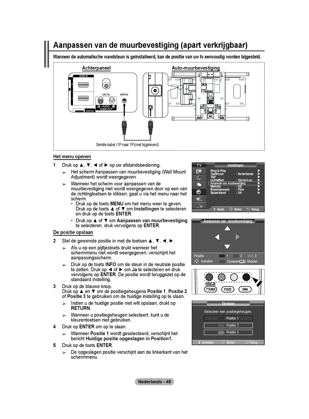 Samsung BN68-01416A-00 user manual Aanpassen van de muurbevestiging apart verkrijgbaar, AchterpaneelAuto-muurbevestiging 