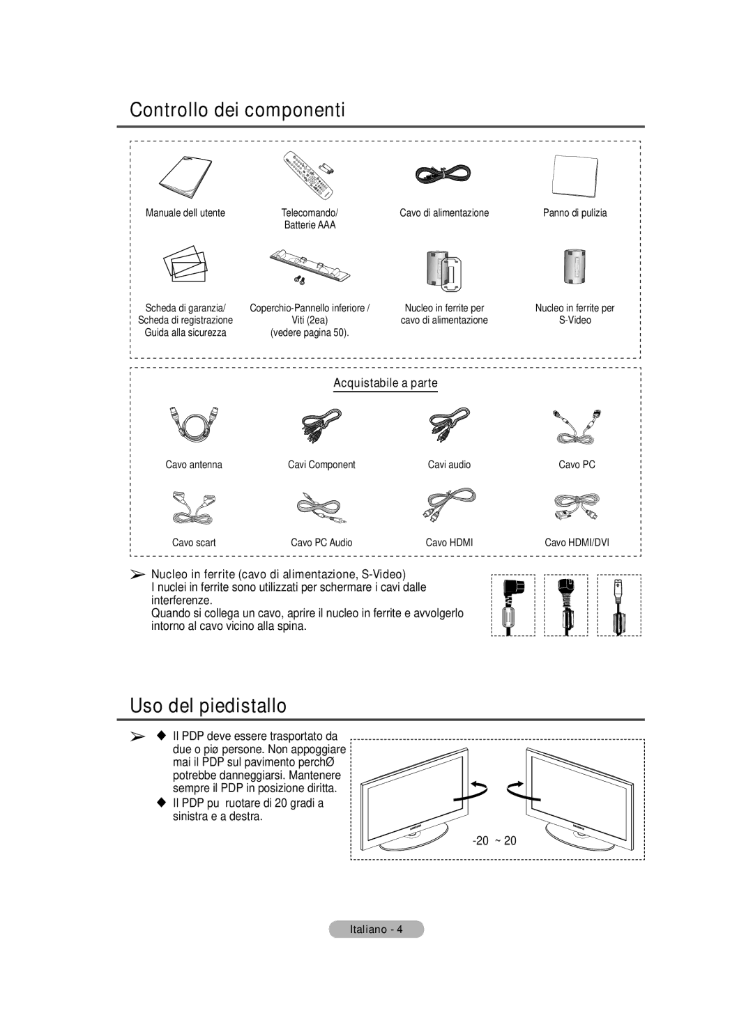 Samsung BN68-01416A-00 user manual Controllo dei componenti, Uso del piedistallo, Acquistabile a parte 