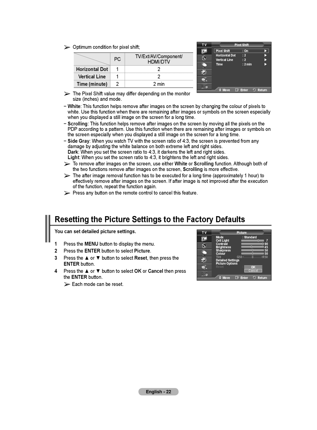 Samsung BN68-01416A-00 Resetting the Picture Settings to the Factory Defaults, You can set detailed picture settings, Min 