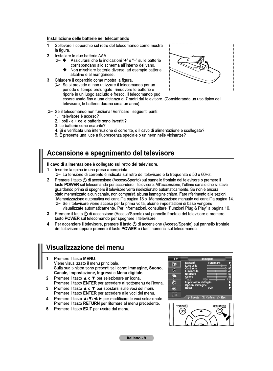 Samsung BN68-01416A-00 user manual Accensione e spegnimento del televisore, Visualizzazione dei menu 