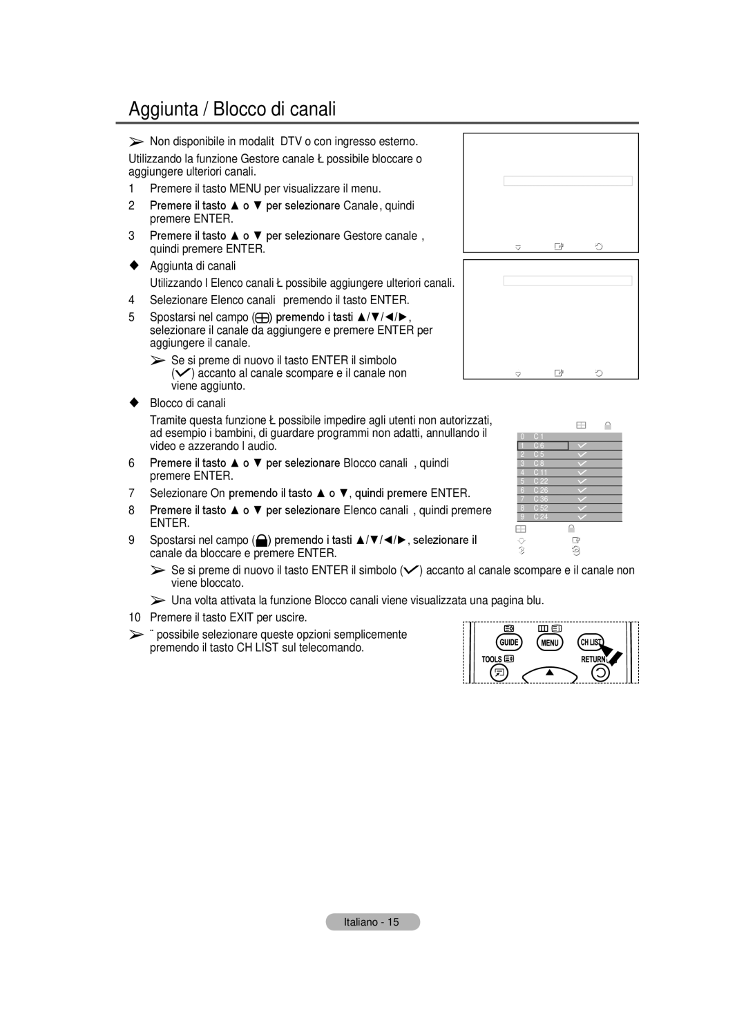 Samsung BN68-01416A-00 user manual Aggiunta / Blocco di canali 