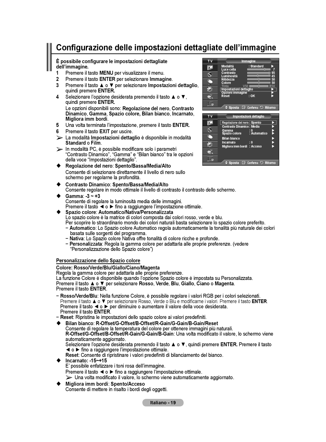 Samsung BN68-01416A-00 user manual Configurazione delle impostazioni dettagliate dell’immagine,  Incarnato -15~+15 