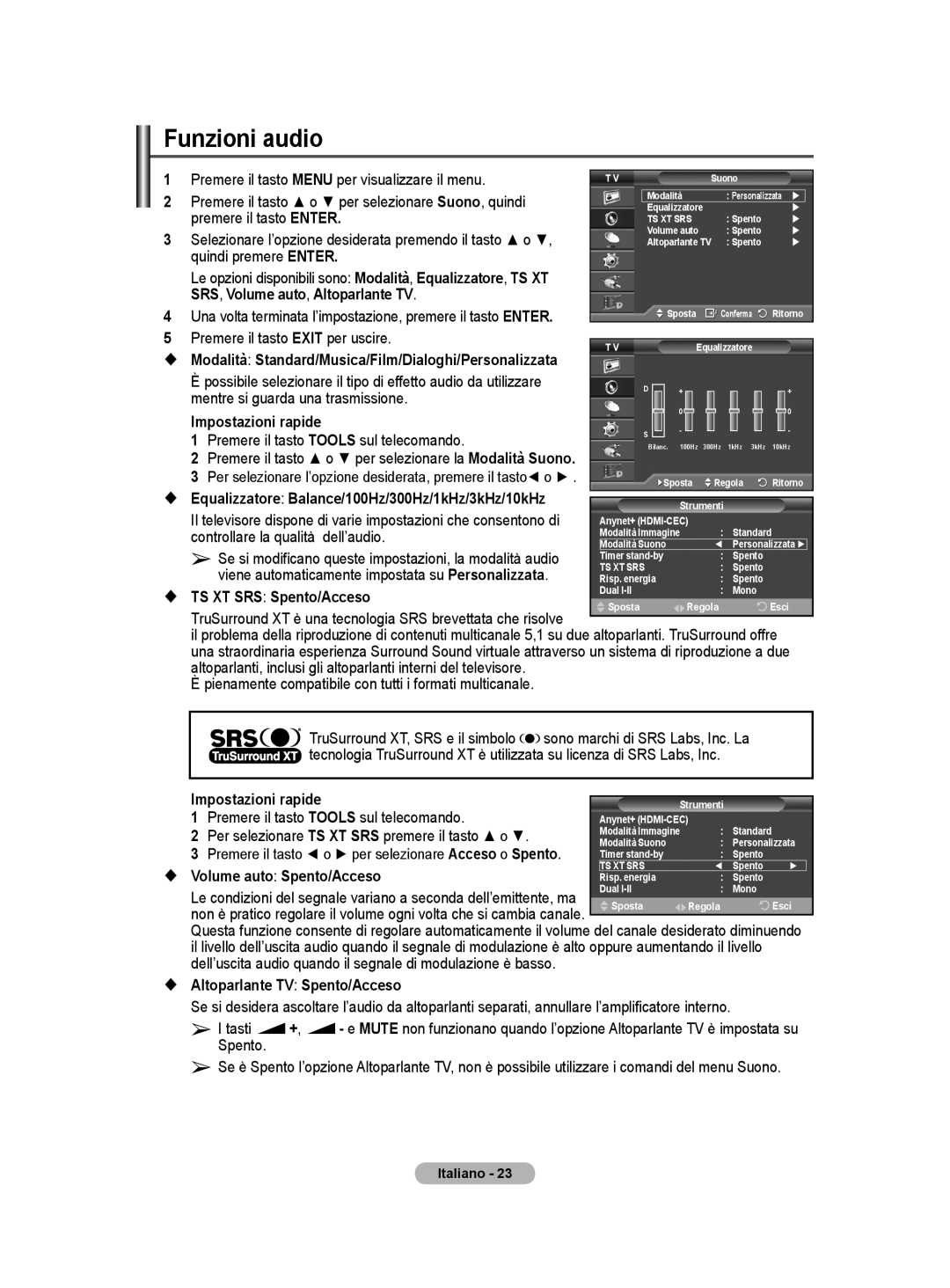 Samsung BN68-01416A-00 user manual Funzioni audio 