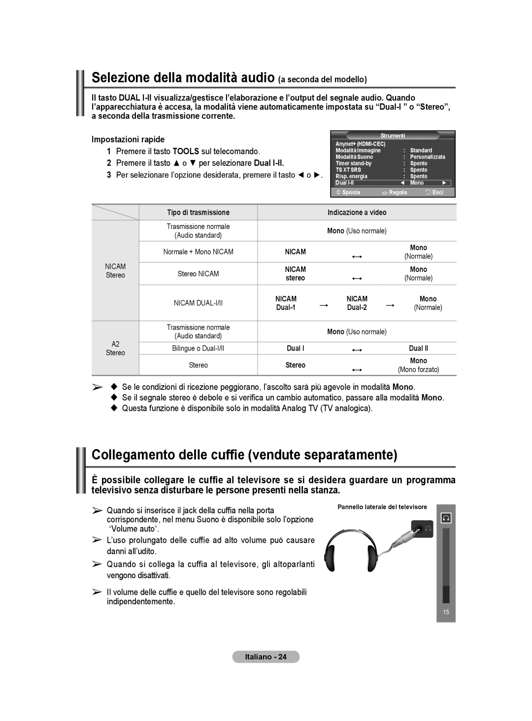 Samsung BN68-01416A-00 user manual Selezione della modalità audio a seconda del modello 