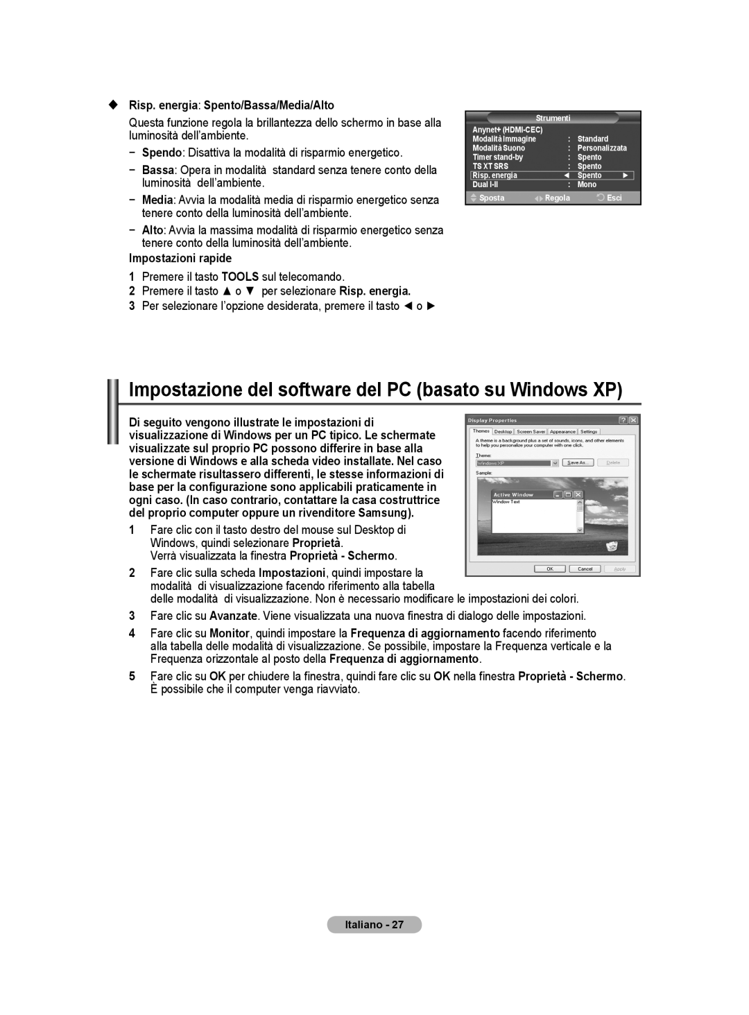 Samsung BN68-01416A-00 Impostazione del software del PC basato su Windows XP,  Risp. energia Spento/Bassa/Media/Alto 