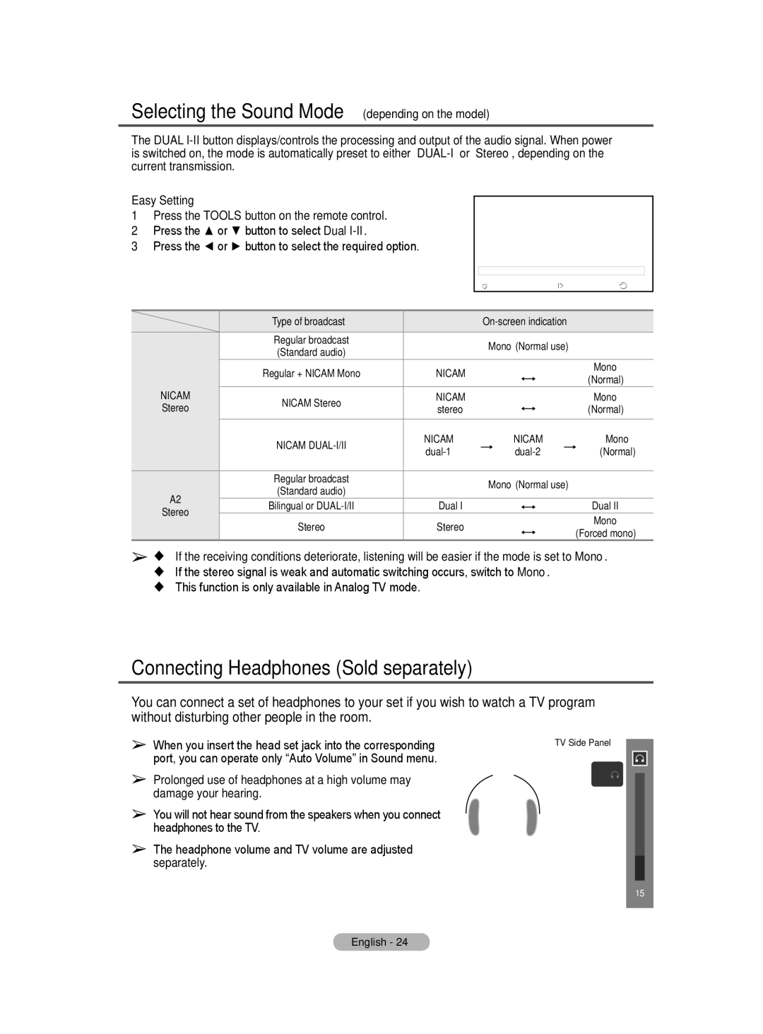 Samsung BN68-01416A-00 user manual Selecting the Sound Mode depending on the model, Connecting Headphones Sold separately 