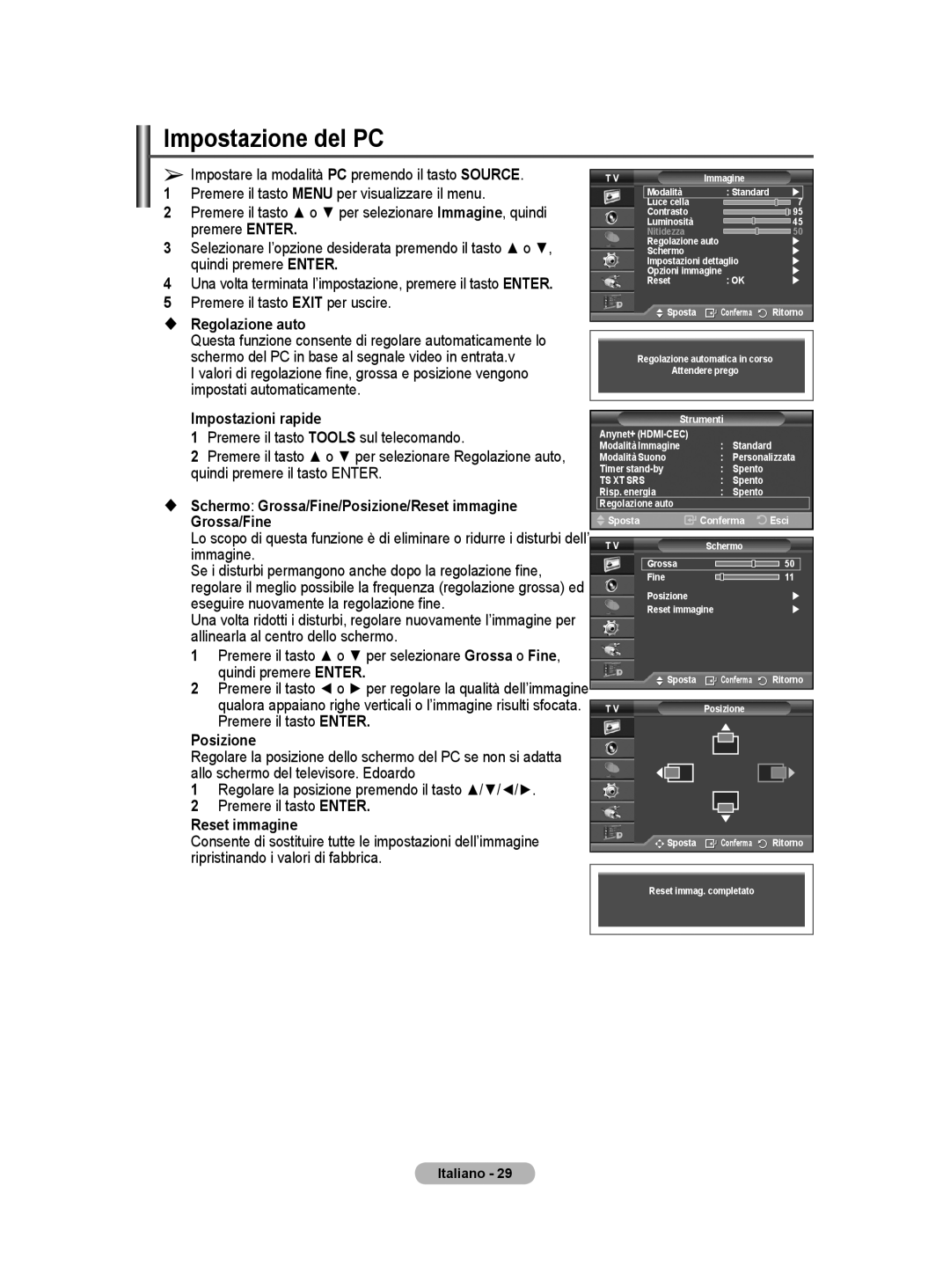 Samsung BN68-01416A-00 user manual Impostazione del PC,  Regolazione auto,  Schermo Grossa/Fine/Posizione/Reset immagine 