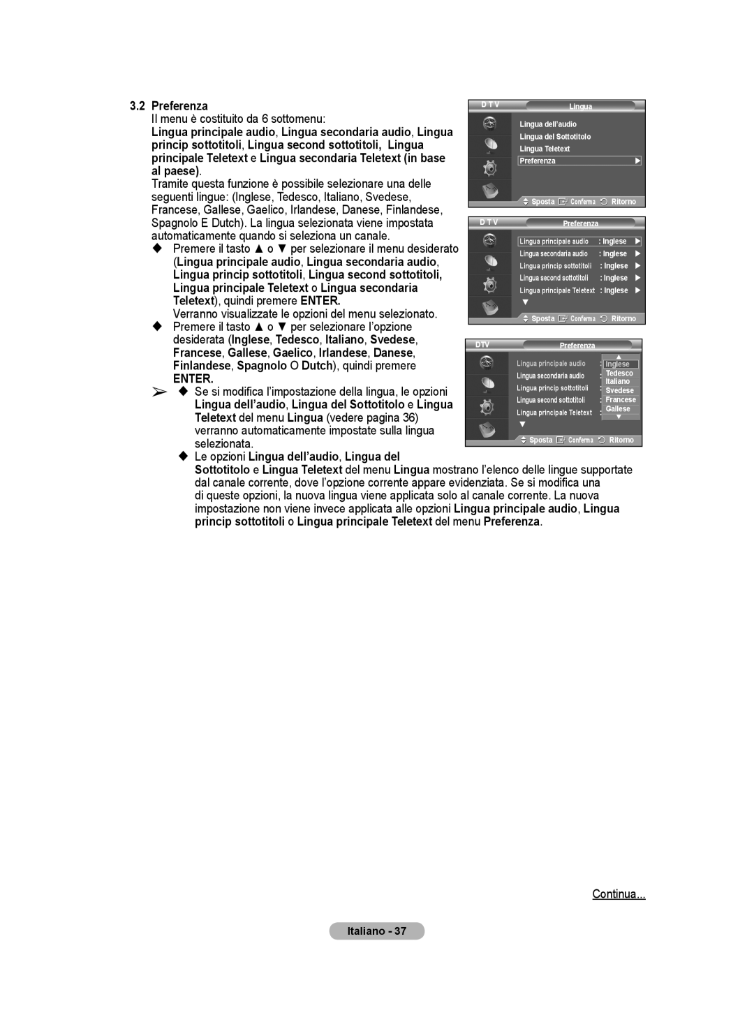 Samsung BN68-01416A-00 user manual Preferenza, Al paese, Lingua principale Teletext o Lingua secondaria 