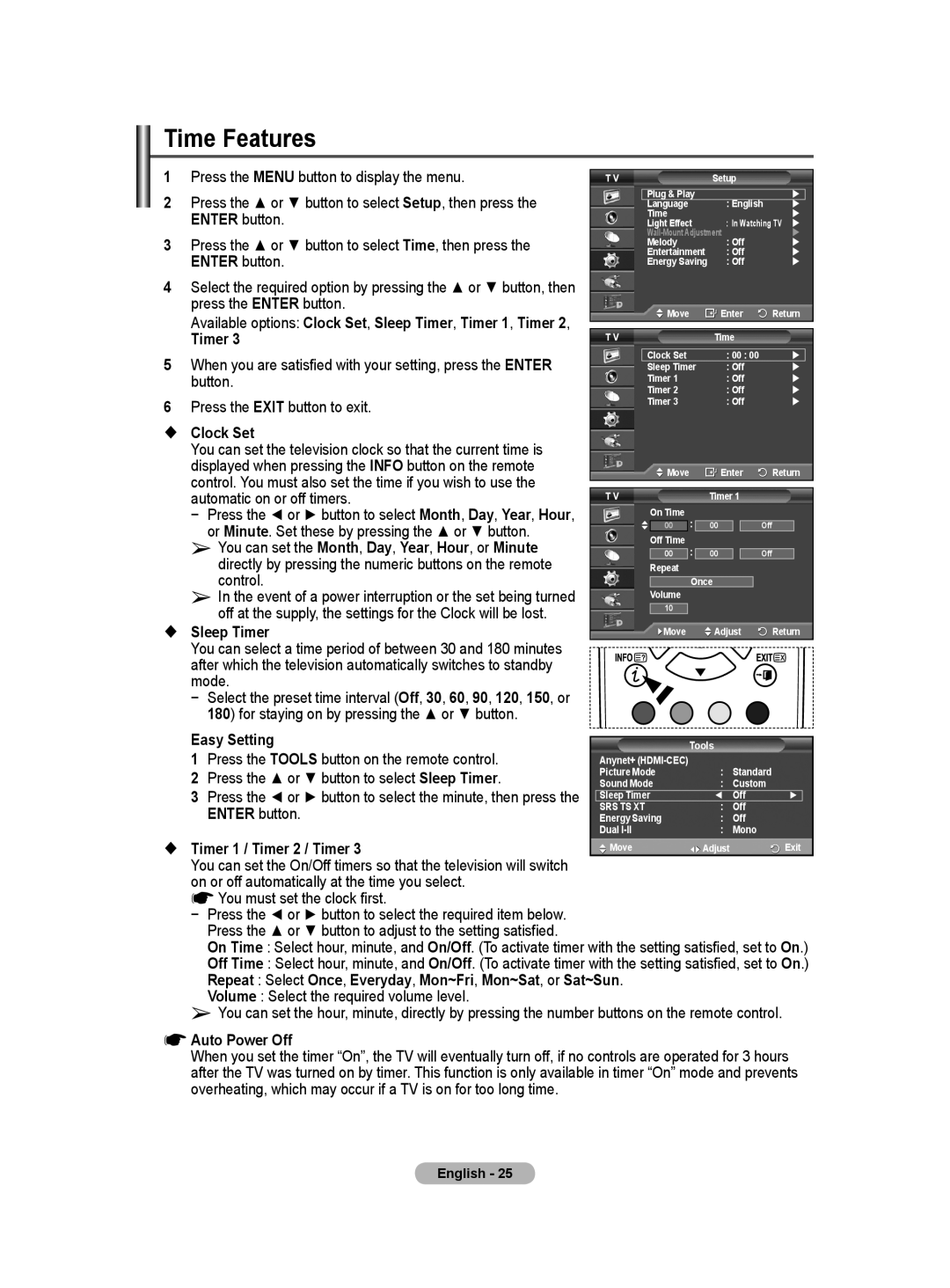 Samsung BN68-01416A-00 user manual Time Features, Press the Tools button on the remote control,  Timer 1 / Timer 2 / Timer 