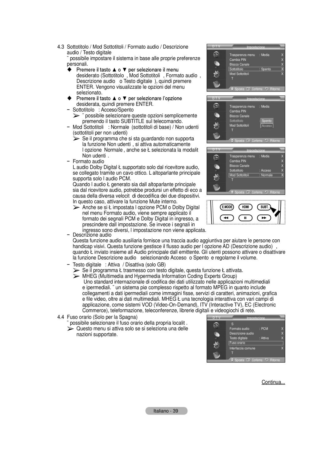 Samsung BN68-01416A-00 user manual Audio / Testo digitale, Sottotitolo Acceso/Spento, Formato audio, Descrizione audio 