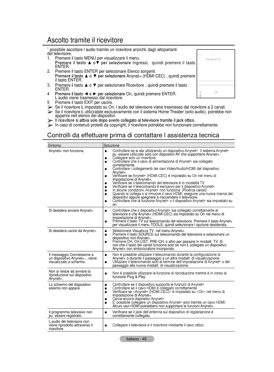 Samsung BN68-01416A-00 user manual Ascolto tramite il ricevitore 