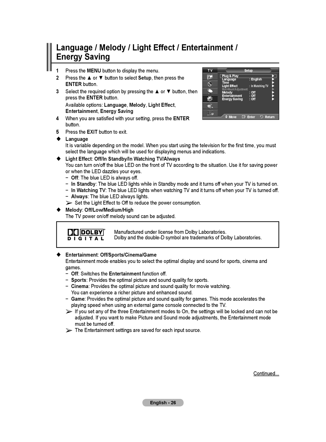 Samsung BN68-01416A-00 Press the or button to select Setup, then press,  Language,  Melody Off/Low/Medium/High 