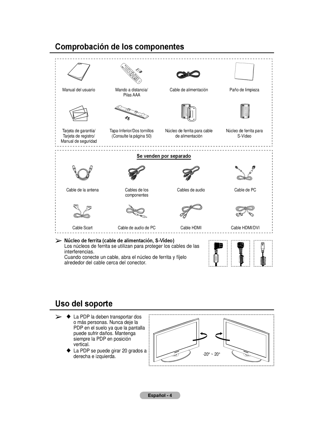 Samsung BN68-01416A-00 Comprobación de los componentes, Uso del soporte, Se venden por separado, Derecha e izquierda 