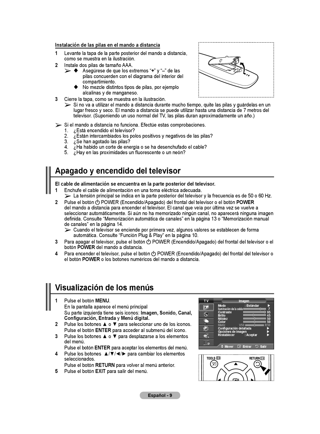 Samsung BN68-01416A-00 user manual Apagado y encendido del televisor, Visualización de los menús 