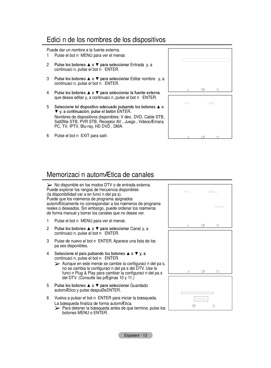 Samsung BN68-01416A-00 user manual Edición de los nombres de los dispositivos, Memorización automática de canales 