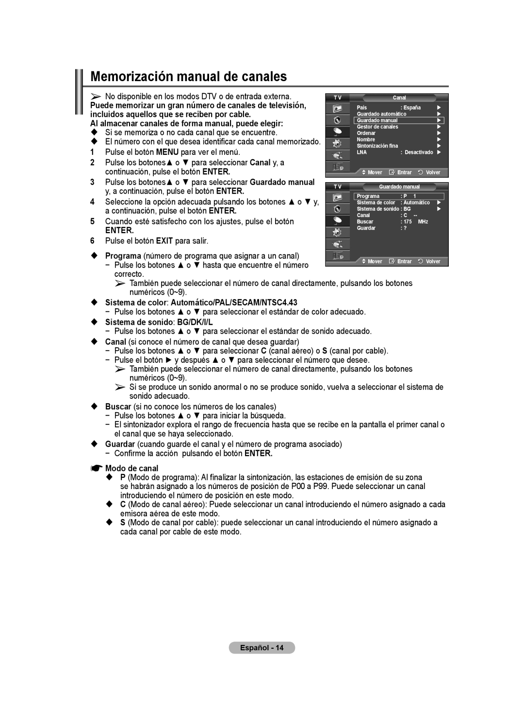 Samsung BN68-01416A-00 user manual Memorización manual de canales 