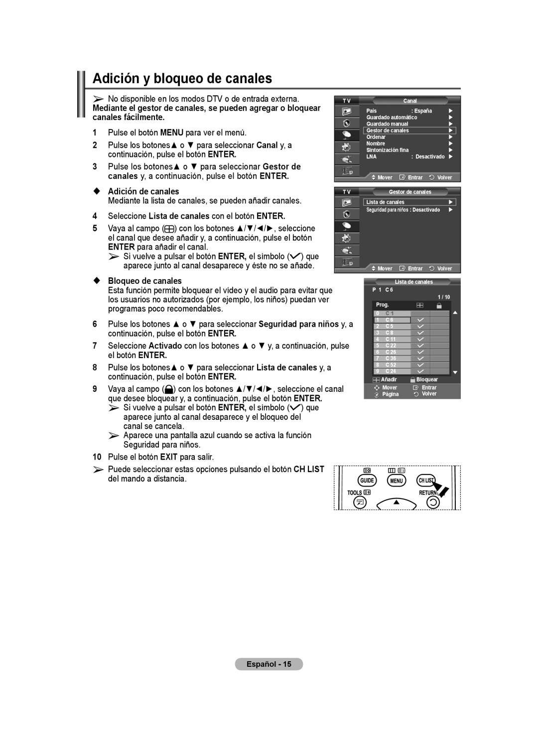 Samsung BN68-01416A-00 Adición y bloqueo de canales, Canales fácilmente,  Adición de canales,  Bloqueo de canales 