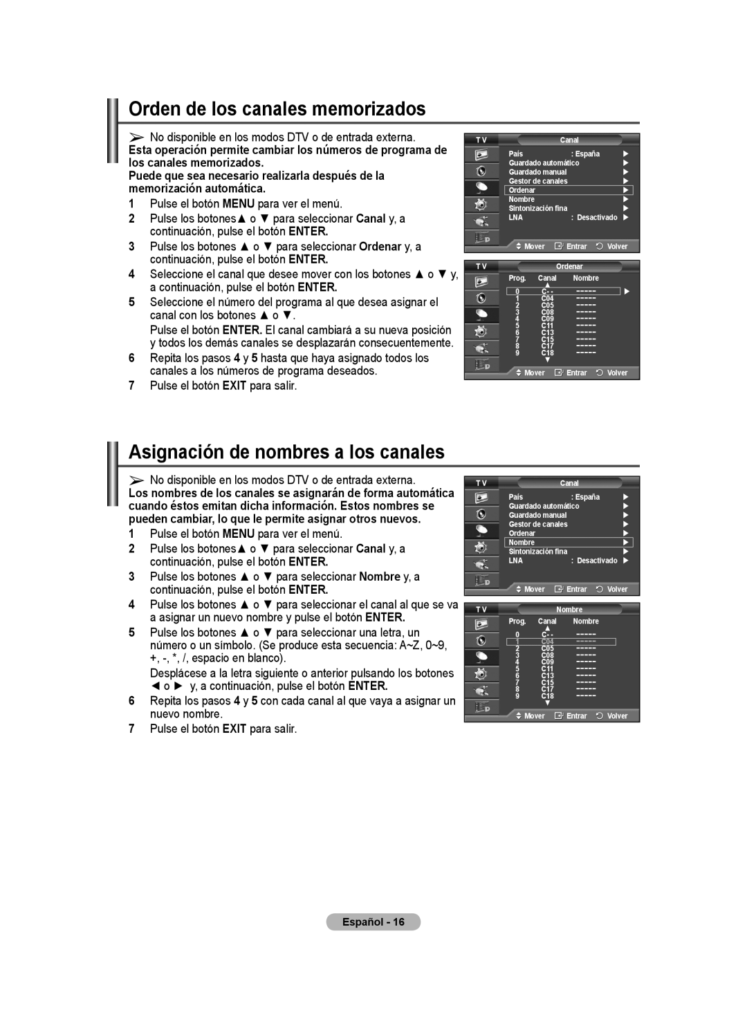 Samsung BN68-01416A-00 user manual Orden de los canales memorizados, Asignación de nombres a los canales 