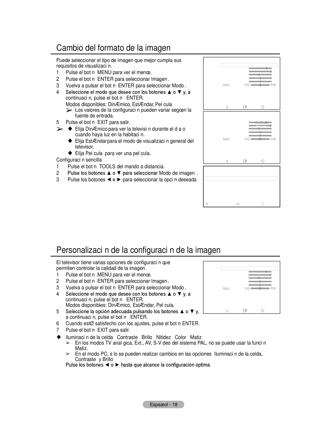 Samsung BN68-01416A-00 user manual Cambio del formato de la imagen, Personalización de la configuración de la imagen 