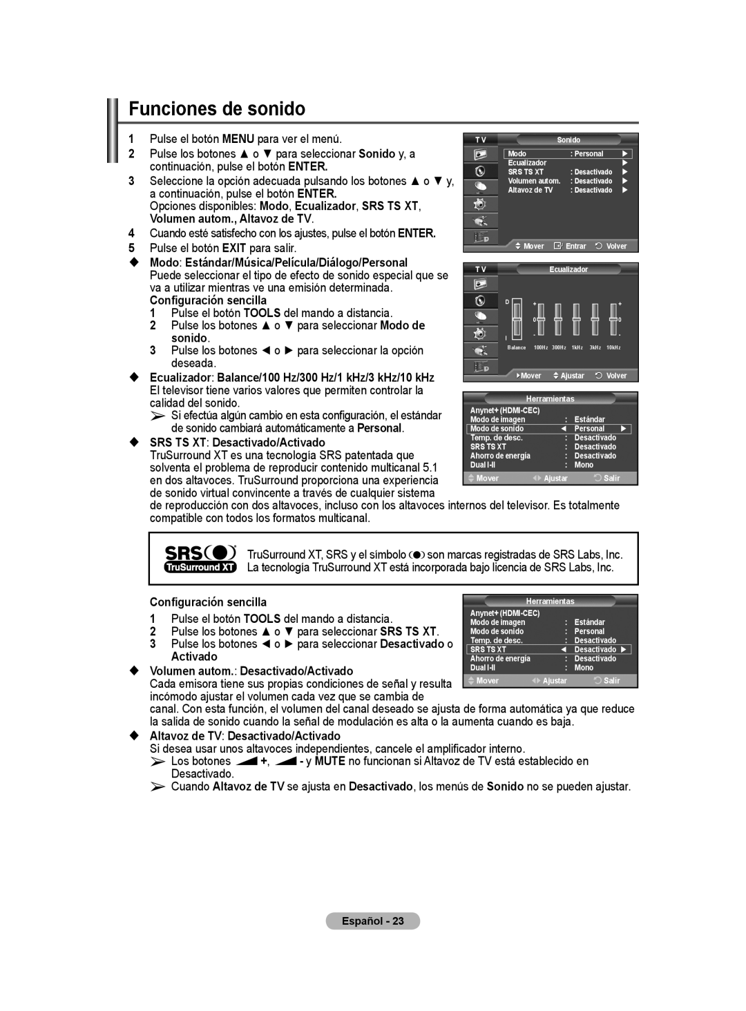 Samsung BN68-01416A-00 user manual Funciones de sonido 