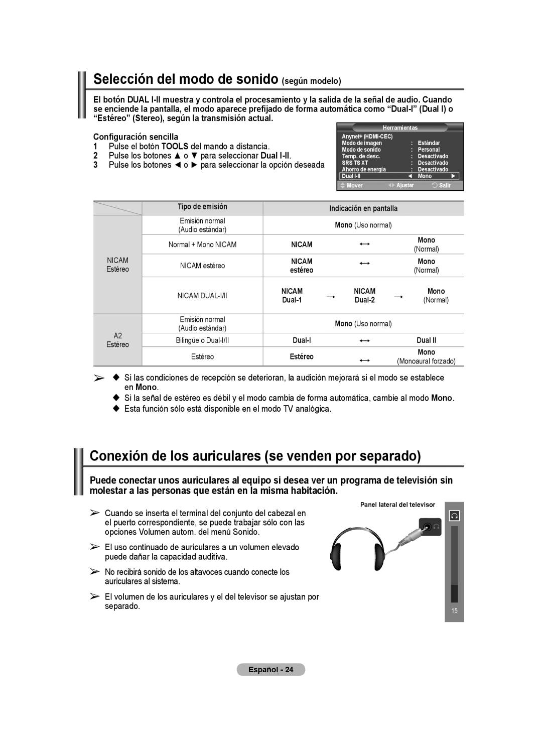 Samsung BN68-01416A-00 Selección del modo de sonido según modelo, Conexión de los auriculares se venden por separado 