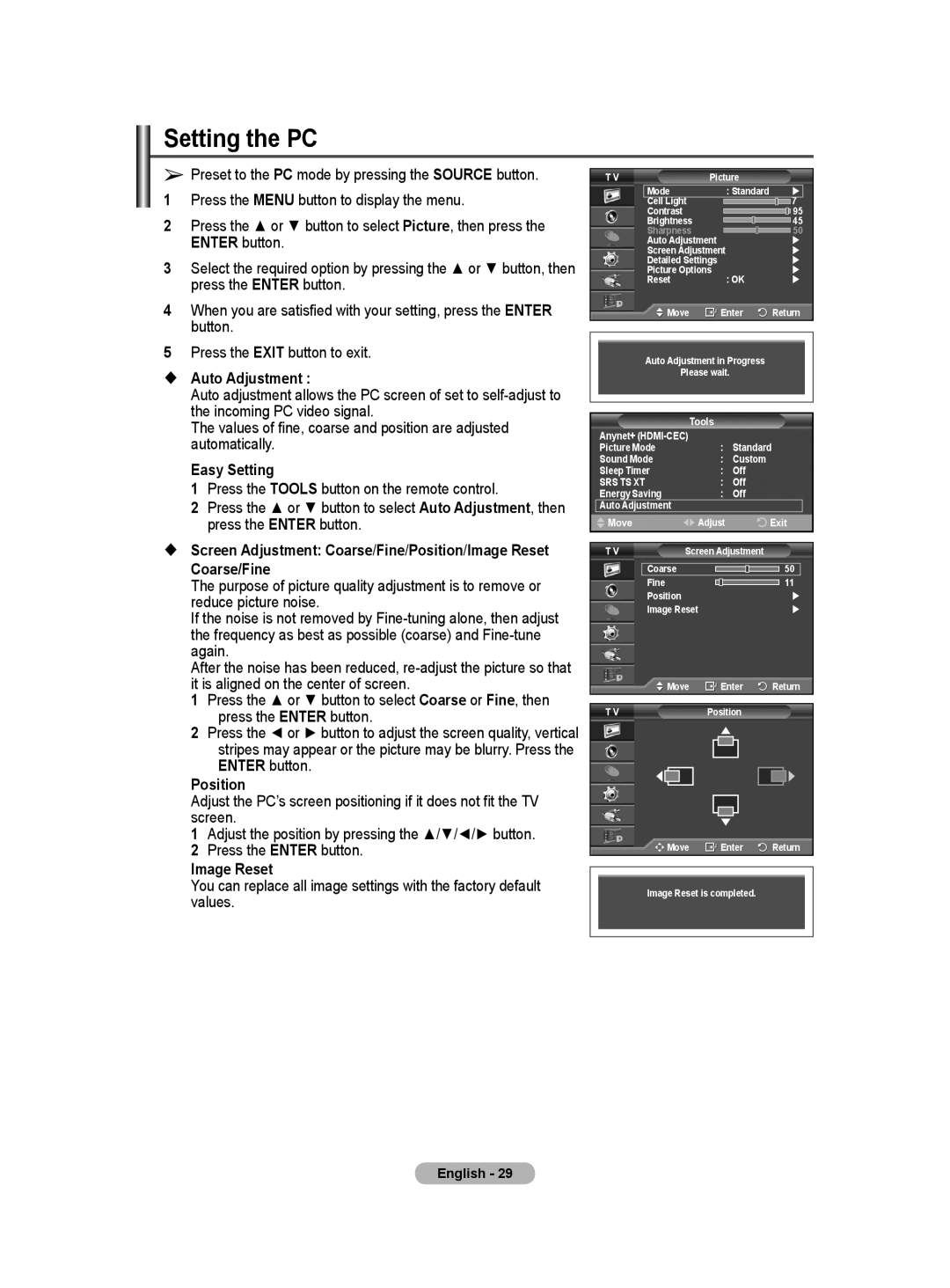 Samsung BN68-01416A-00 user manual Setting the PC,  Auto Adjustment, Coarse/Fine, Position, Image Reset 