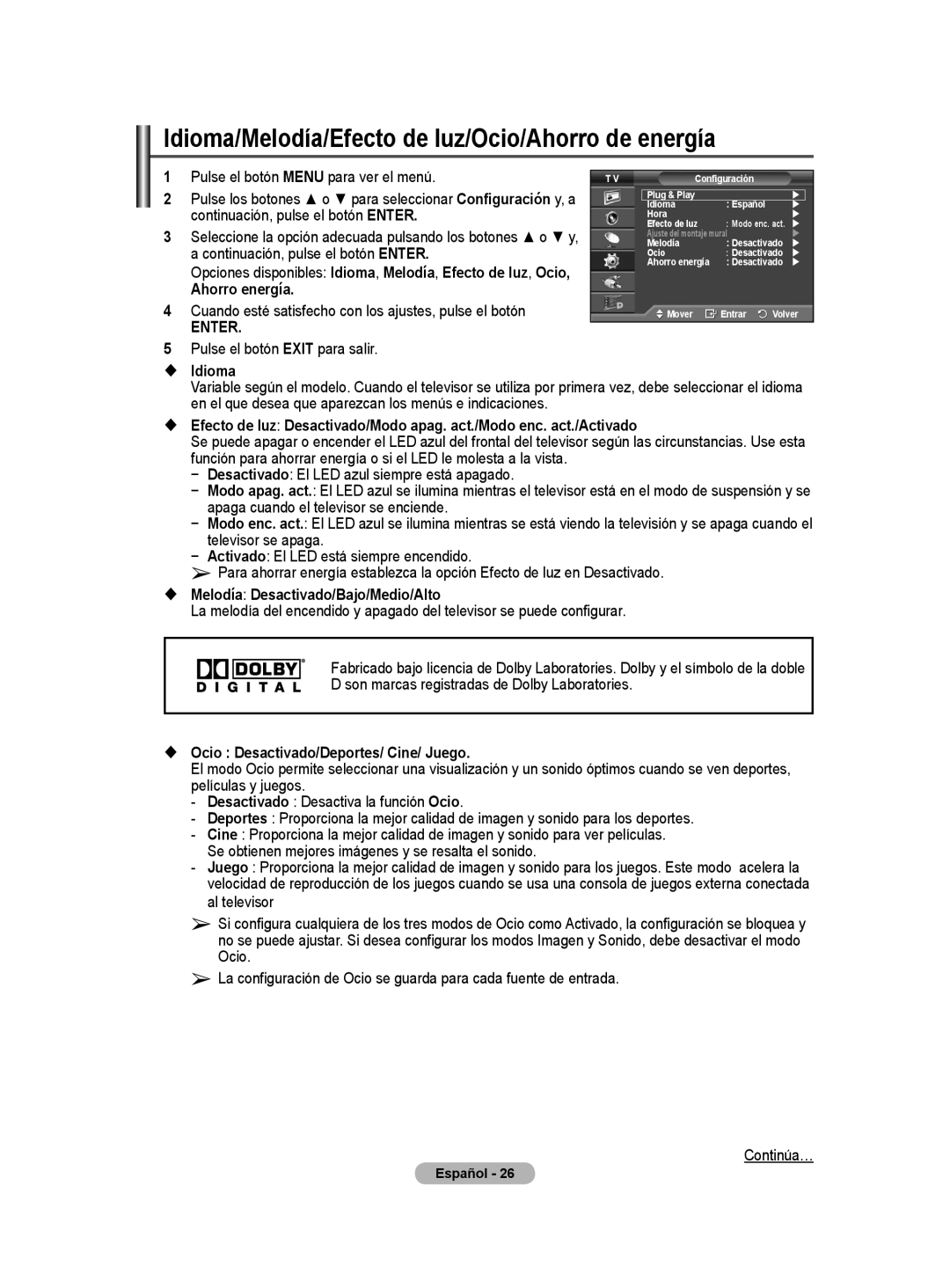 Samsung BN68-01416A-00 user manual Idioma/Melodía/Efecto de luz/Ocio/Ahorro de energía, Ahorro energía,  Idioma 