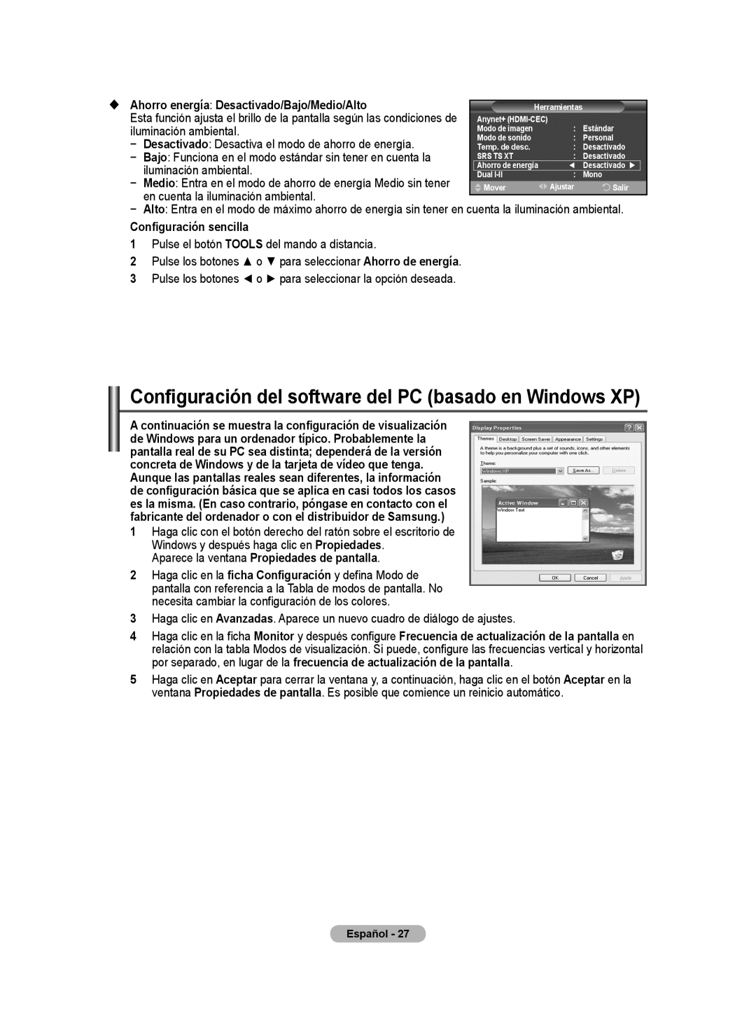 Samsung BN68-01416A-00 user manual Configuración del software del PC basado en Windows XP 