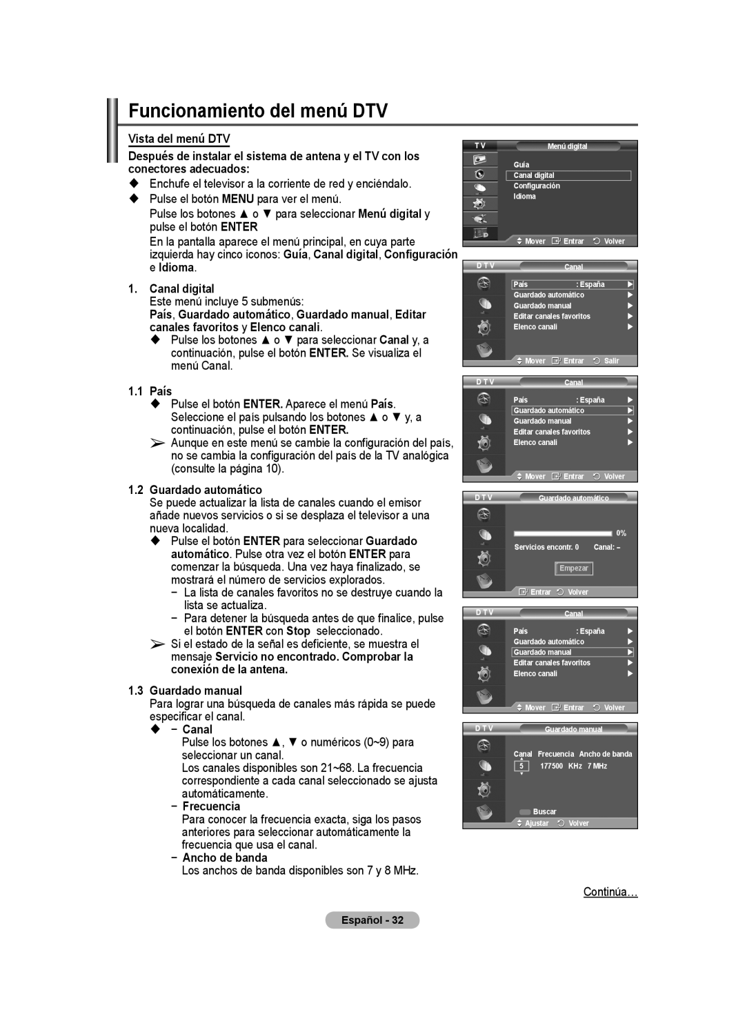 Samsung BN68-01416A-00 user manual Funcionamiento del menú DTV 